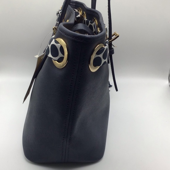 MICHAEL KORS NWT GORGEOUS NAVY LEATHER TOTE BAG WITH BLUE/ WHITE POLKA DOT SCARF - Picture 3 of 11